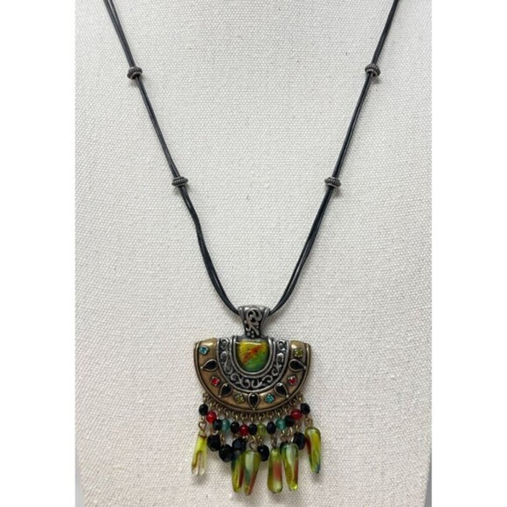 Chicos Boho Statement Necklace Beads Colorful‎ Accents Black Cord